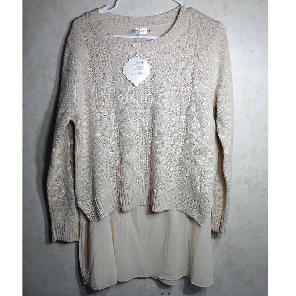 NWT Layered Knit Tunic Sweater Beige Cable Knit Oversized Cozy Cottagecore